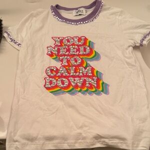 Lola + The Boys White Tee with Rainbow Text and Purple Sequin Trim